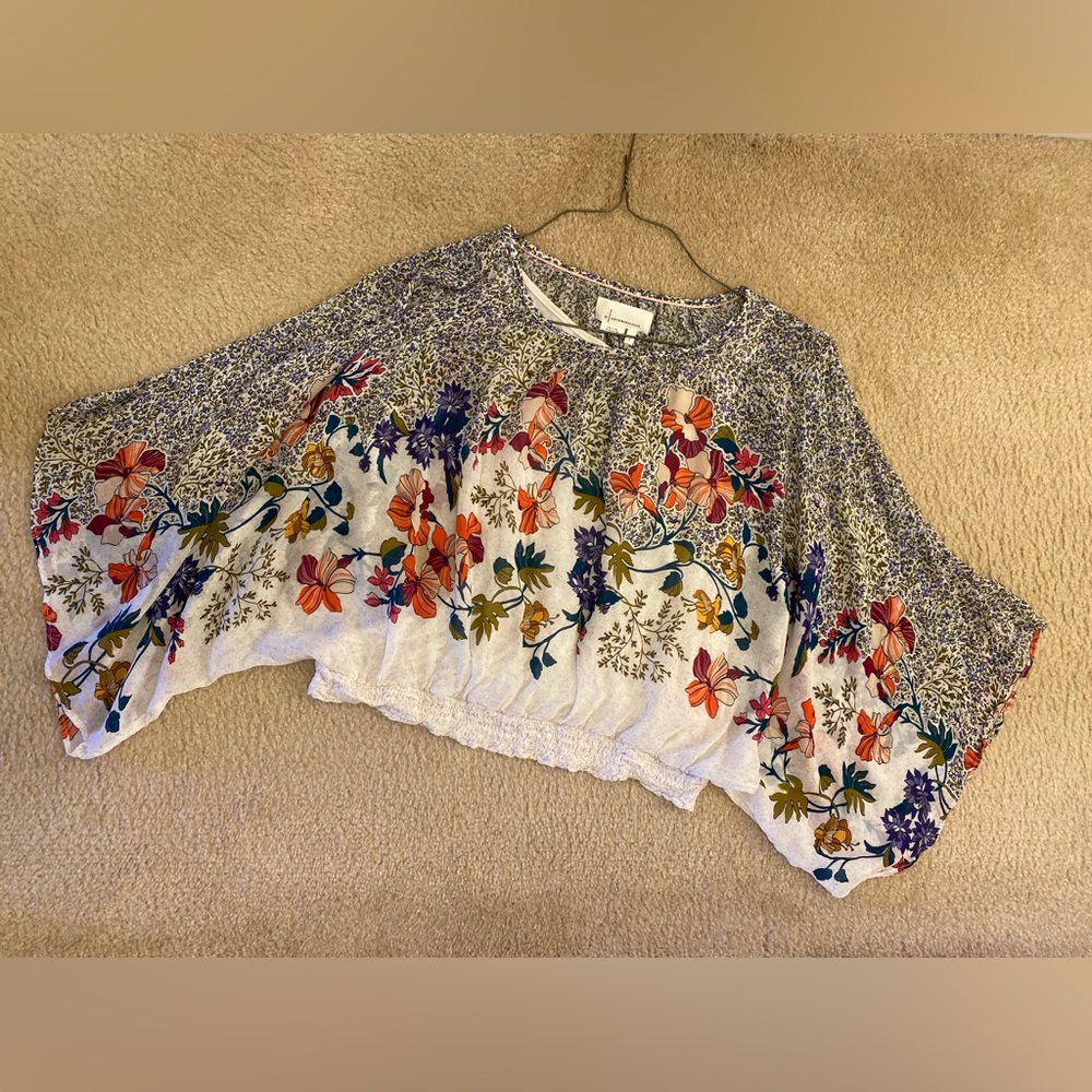 Anthropology Tan Floral Print 3/4 Sleeve Blouse Sz Small